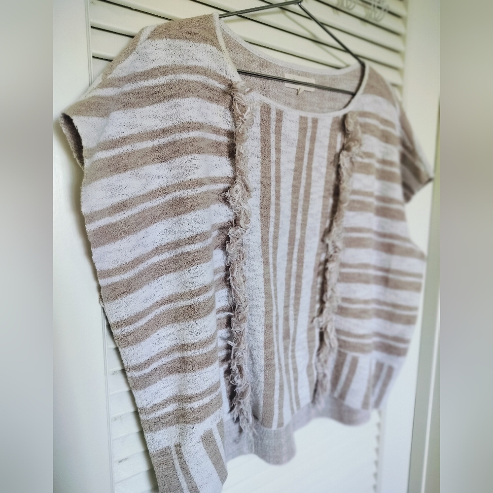 Lou & Grey for Loft Dolman Cap Sleeve Sweater Fringe Oatmeal Tan Stripes Size L